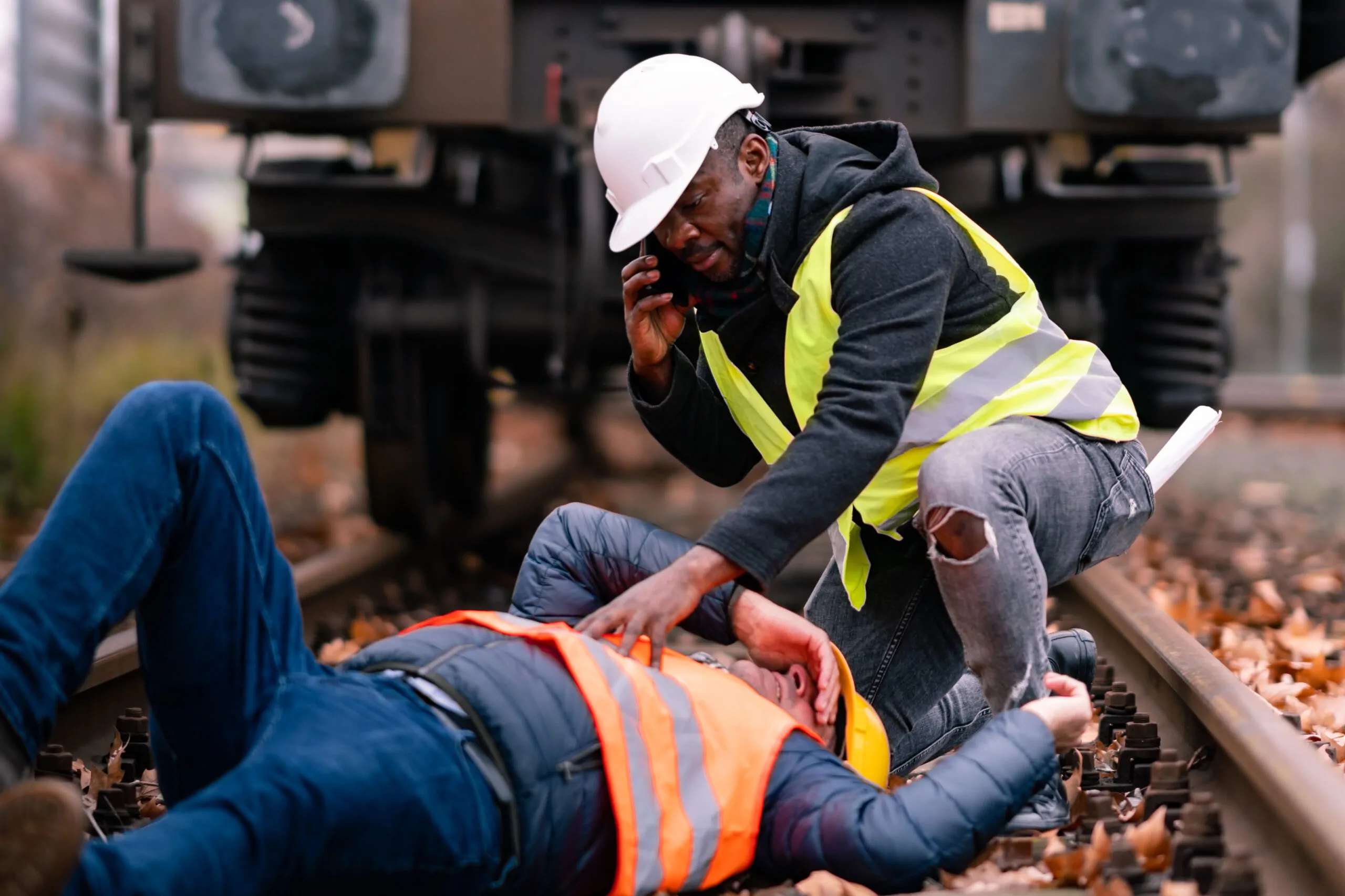 Railroad engineer injured in an accident at work Railroad engineer injured in an accident at work on the railway tracks Coworker calling for help Railroad engineer injured in an accident at work Railroad engineer injured in an accident at work on the railway tracks Coworker calling for help